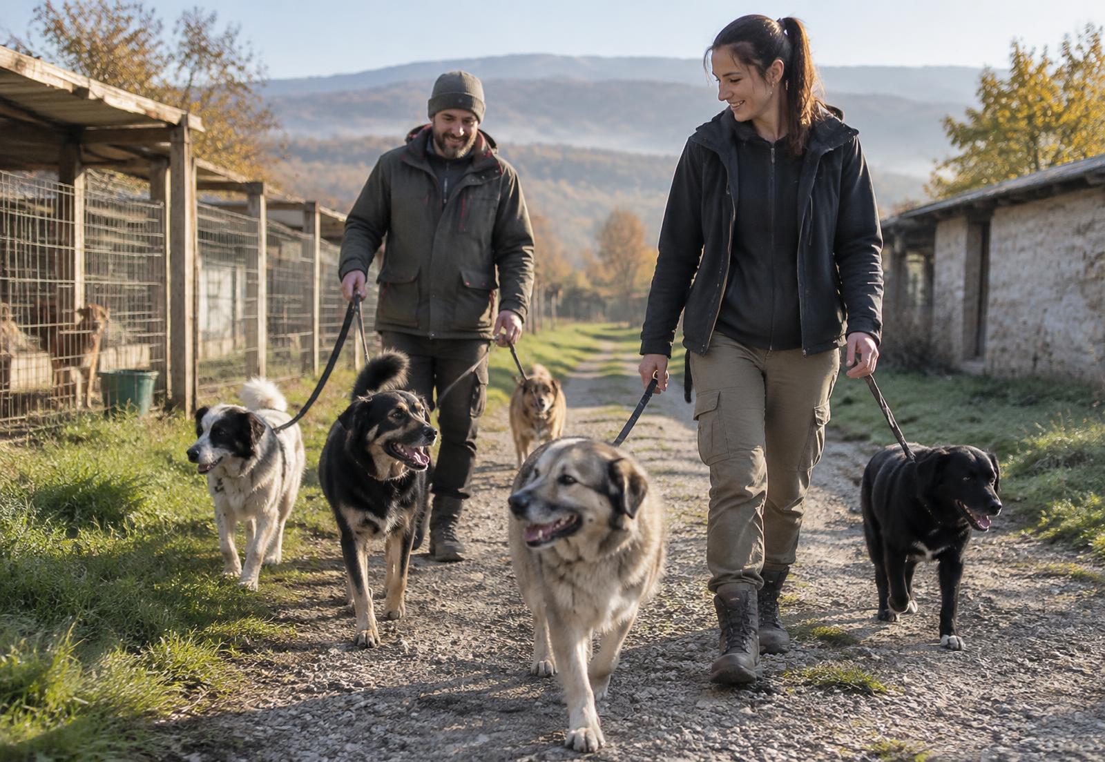 Menschen kümmern sich gemeinsam um Hunde